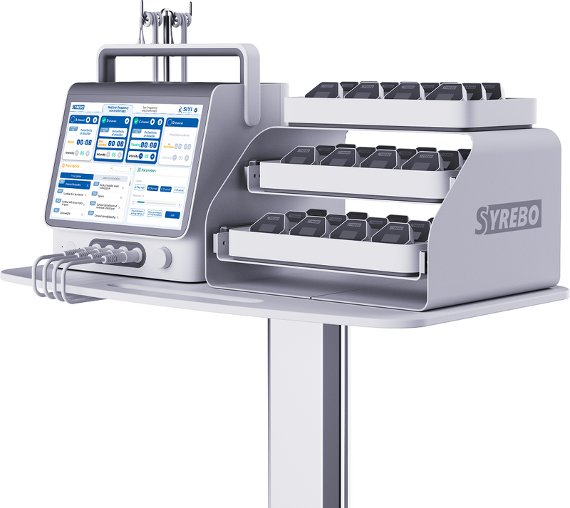 Low and medium frequency electrotherapy system displayed on stand with control panel and modules.