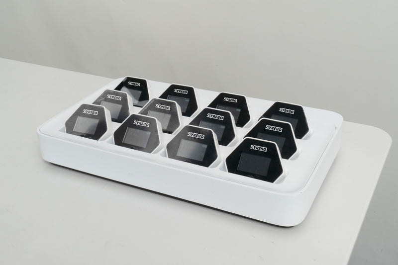Low and medium frequency electrotherapy system modules organized in a white charging tray, showcasing innovative design for therapy.