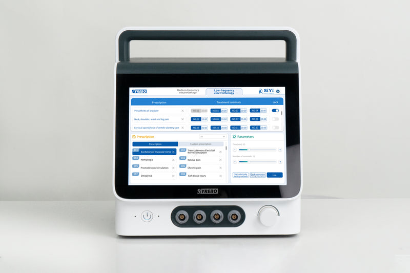 Low and medium frequency electrotherapy system with touchscreen display and control buttons.